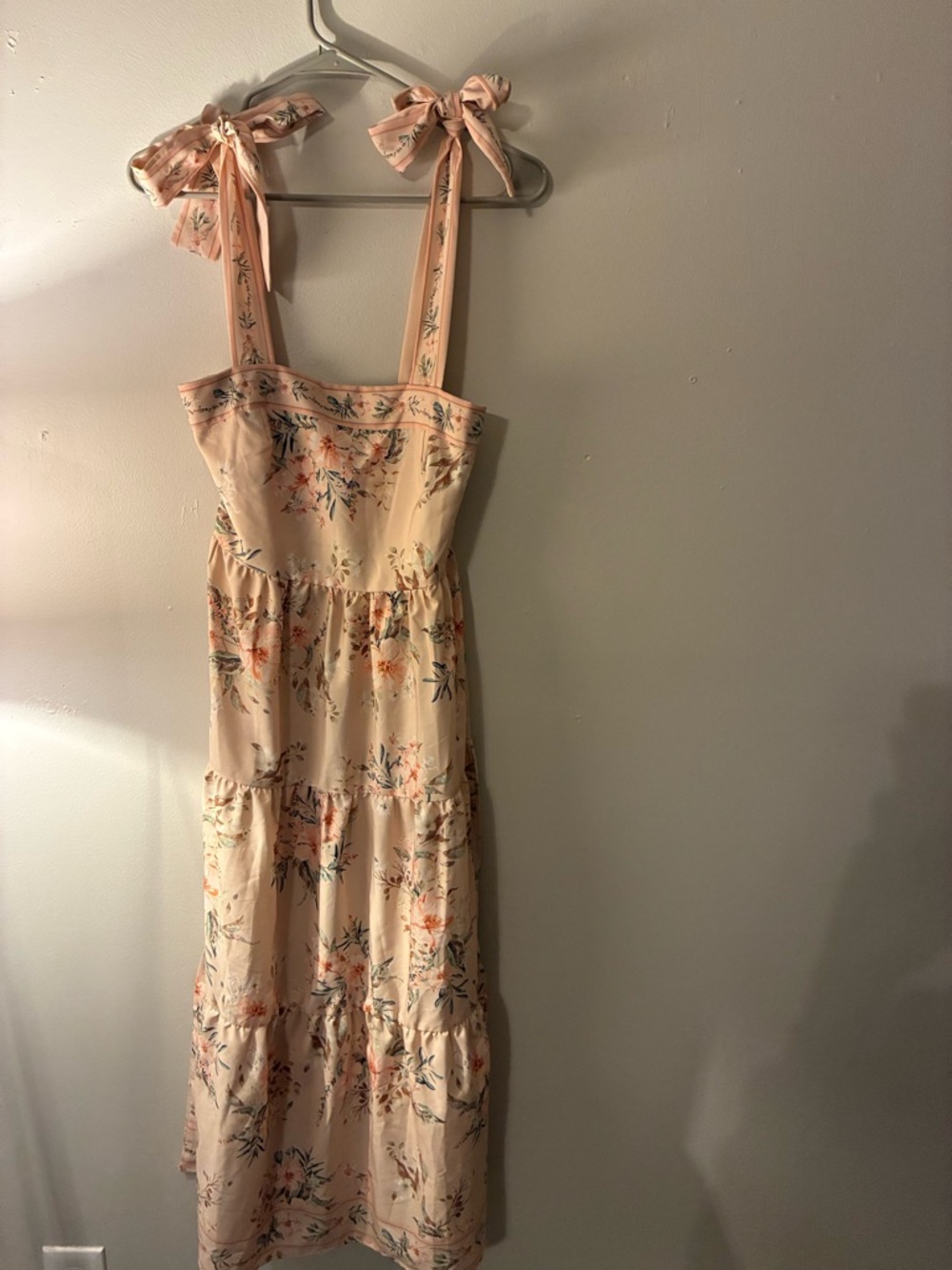 Goodnight Macaroon Blush Floral Midi Dress Tie Strap Smocked Back Size S
